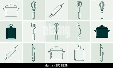 Seamless Kitchen Utensils Pattern with Cooking Tools Line Art Icons, Minimalist Culinary Grid Vector Background Stock Vector