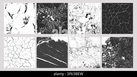 Set of 8 grunge cracked and weathered textures with unique abstract black-and-white patterns Stock Vector