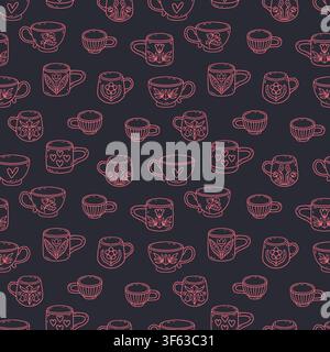 Cottage core doodle coffee cups seamless pattern on dark blue background. Cozy scandi mugs line art wallpaper vector Stock Vector