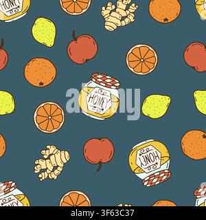 Honey jar and fruits seamless pattern. Oranges and lemons line art wallpaper. Ginger and apple hand drawn background Stock Vector