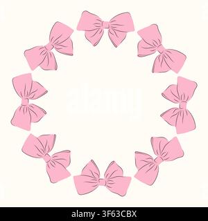 Round wreath of hand-drawn delicate pink bows. Vector illustration of a feminine decorative Circular frame. Romantic Design template for girls. Stock Vector
