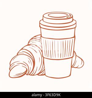 Disposable take away coffee cup with croissant in line art style. Breakfast food concept. Minimalist brown outline icon isolated on beige background Stock Vector