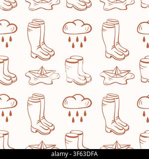 Seamless pattern with rain cloud, rubber boot and paper boat. Autumn weather theme in simple line art style. Hand drawn sketch. illustration for Stock Vector