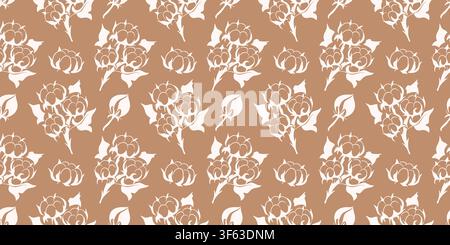 Seamless pattern with delicate white cotton plant flower on brown background. Natural organic botanical textile print. Abstract floral background Stock Vector