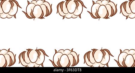 Cotton flower border frame in flat style with white soft fluff and brown husk. Natural textile plant element. Decorative horizontal botanical vector Stock Vector