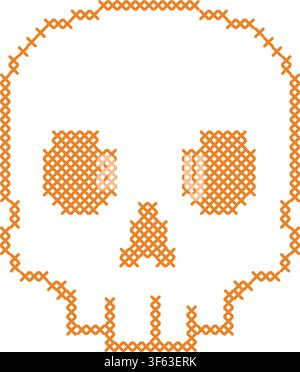 Cross stitch Halloween skull element. Spooky embroidery folk art clip art. Skeleton head motif for digital crafting and seasonal holiday graphics.  Stock Vector