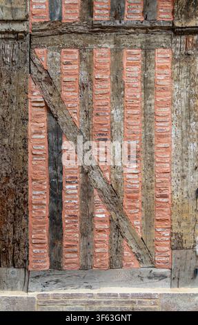 Half-timbering closeup seen at a historic building in Troyes, a city in northeastern France Stock Photo