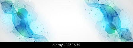 Abstract technology background with blue wireframe wave and  hexagons. Vector Stock Vector