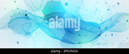 Abstract technology background with blue wireframe wave and  hexagons. Vector Stock Vector