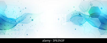 Abstract technology background with blue wireframe wave and  hexagons. Vector Stock Vector