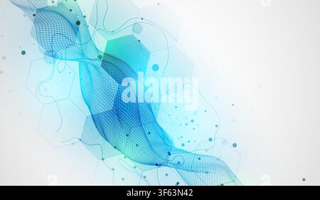 Abstract technology background with blue wireframe wave and  hexagons. Vector Stock Vector