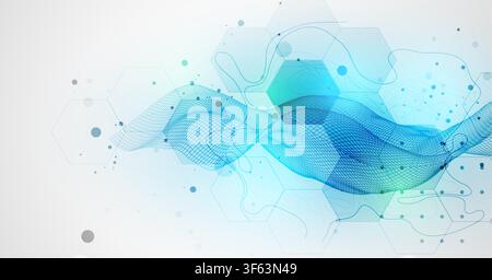 Abstract technology background with blue wireframe wave and  hexagons. Vector Stock Vector