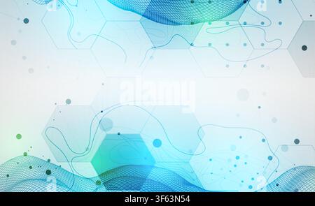 Abstract technology background with blue wireframe wave and  hexagons. Vector Stock Vector