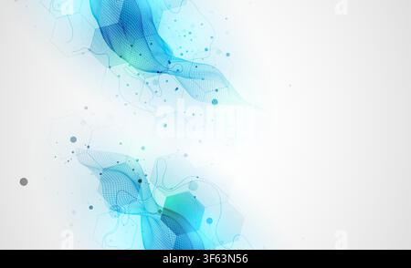 Abstract technology background with blue wireframe wave and  hexagons. Vector Stock Vector