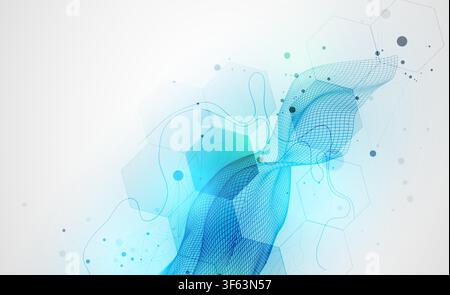 Abstract technology background with blue wireframe wave and  hexagons. Vector Stock Vector