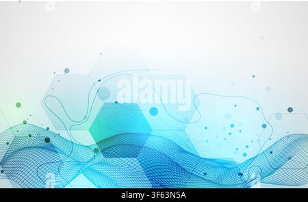 Abstract technology background with blue wireframe wave and  hexagons. Vector Stock Vector