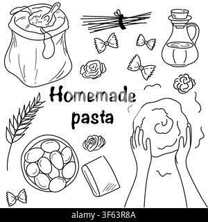 Homemade pasta making clipart set with dough, flour, olive oil and pasta ingredients for recipe books, cooking tutorials. Stock Vector