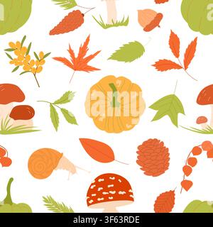 Autumn forest elements seamless pattern with pumpkins, mushrooms, pine cones, maple leaves. Stock Vector