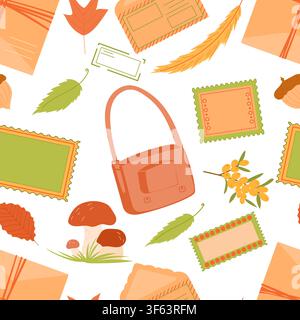 Autumn postal accessories seamless pattern with mail bag, mushrooms, envelopes, stamps, rowan berries. Stock Vector
