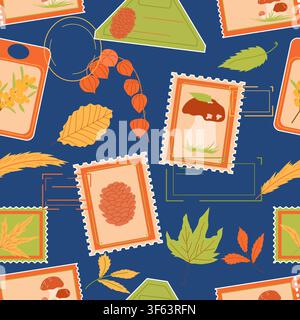 Autumn postage stamps with mushrooms, pine cones, pumpkins, autumn leaves, physalis and botanical elements. Stock Vector