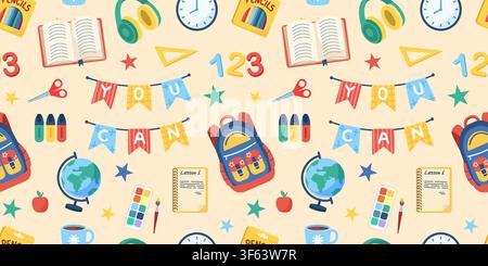 Cute seamless school pattern with books, pencils, stationery, and classroom supplies Stock Vector
