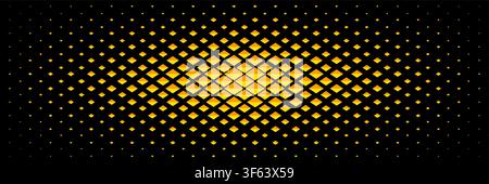 horizontal halftone of diamond shaped gold spread from center on black for pattern and background. Stock Vector