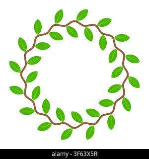 circle frame of creeping plant with green leaf on white background. Stock Vector