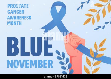 Blue November Prostate Cancer Awareness Banner with Hand Holding Ribbon Stock Vector