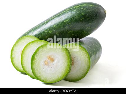 Whole and Sliced Small Green Wax Gourd Isolated on White Stock Photo
