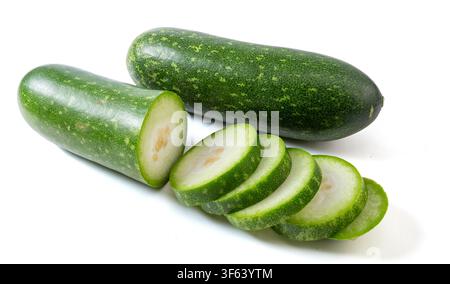 Whole and Sliced Small Green Wax Gourd Isolated on White Stock Photo