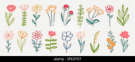Colorful set of simple colorful flower silhouette. Stickers design elements isolated on a white background. Hand-drawn floral pattern. Stock Vector