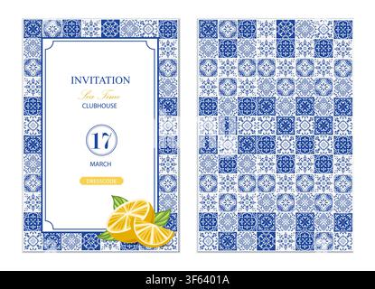Mediterranean cards template design with tiles and lemons. Set ceramic patterns banners. Vector set for invintation, menu, wedding, party. Stock Vector