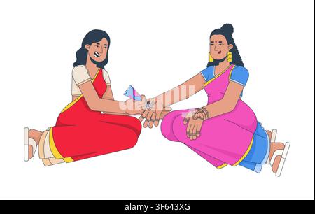 Indian woman applying henna to bride hands 2D vector illustration Stock Vector