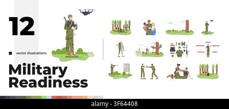 Military readiness training and army preparation 2D vector illustration pack Stock Vector
