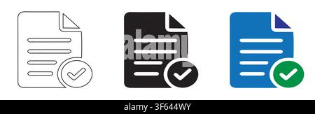 Document checkmark icon set in outline, solid, and color styles representing approved files. Stock Vector