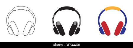 Headphones icon set vector illustration featuring line art outline, solid black silhouette, and colorful flat design variants for music, audio sound, Stock Vector