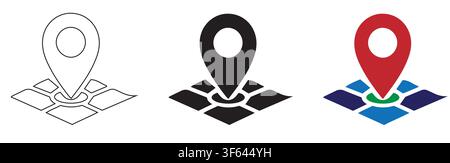 Set of map pin location icons in outline, silhouette, and colored vector styles. Stock Vector