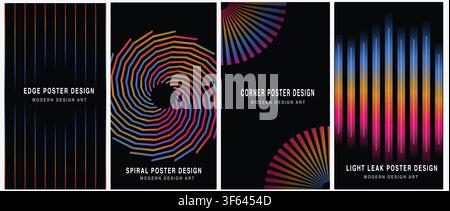 Modern Abstract Poster Design Template Set Geometric Gradient Line Spiral Radial Soundwave Pattern Cover Art Dark Background Vertical Flyer Stock Vector
