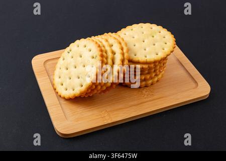 Round Scallion Seasoned Salted Crackers Stack Stock Photo