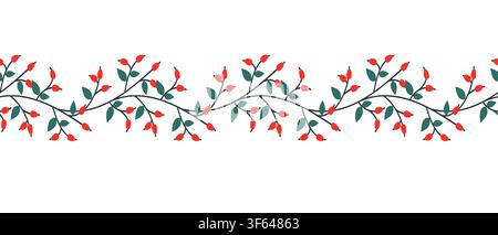 Seamless Christmas border pattern with festive red holly berries and winter green leaves on a white background, ideal for New Year greeting cards, holiday textile prints and seasonal gift packaging de. Vector illustration Stock Vector