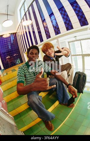 Portrait of Diverse People Gesturing on Stairs Stock Photo