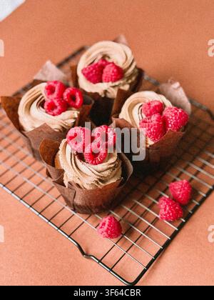 Chocolate cupcakes with whipped cream swirl and fresh raspberries served on a wire cooling rack Stock Photo
