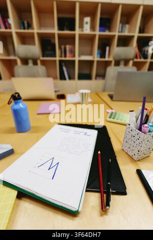 Notebook with Financial Chart on Desk in Empty Modern Office Stock Photo
