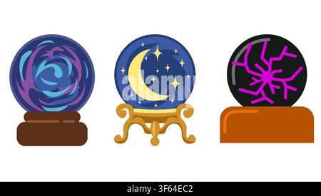 Collection of magical crystal ball illustrations in various mystical styles. Perfect for Halloween themes, fortune telling concepts, fantasy designs Stock Vector