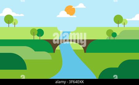 Flat design vector landscape illustration with an arched bridge over a winding river and sun Stock Vector