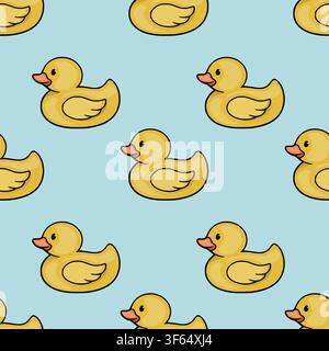Seamless vector pattern with cute yellow rubber ducks on a light blue background, baby shower nursery wallpaper design Stock Vector