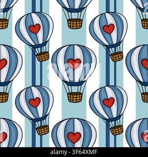 Seamless vector pattern with cute blue striped hot air balloons and red hearts on a vertical striped background Stock Vector