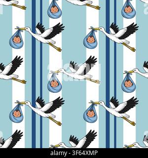 Seamless vector pattern with cute storks carrying newborn babies in blue bundles on a striped background Stock Vector