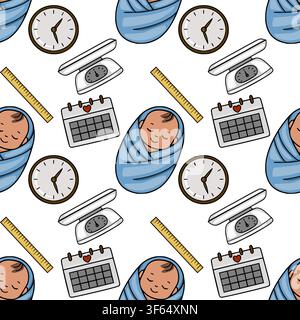 Seamless vector pattern with newborn baby boy, birth clock, weighing scale, ruler and calendar Stock Vector