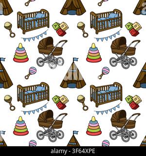 Seamless vector pattern with baby nursery items including wooden cribs, strollers, rattles, and playing blocks Stock Vector